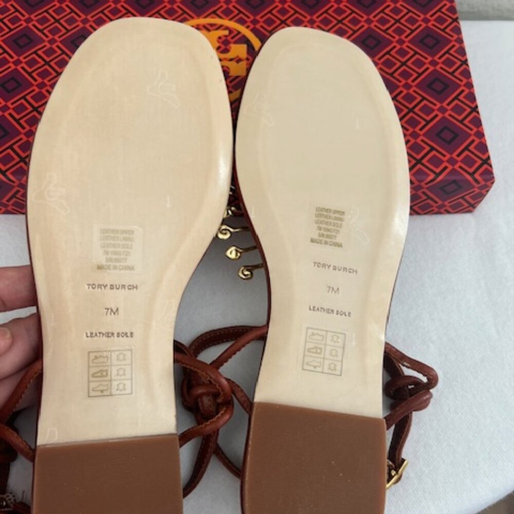 Tory Burch Brown Leather T-Strap Sandals with Gold Hardware - Picture 6 of 11